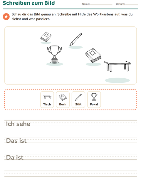 Vorschau: Schreiben zum Bild-Arbeitsblatt mit Klassenzimmer (S/W) für 2. Klasse