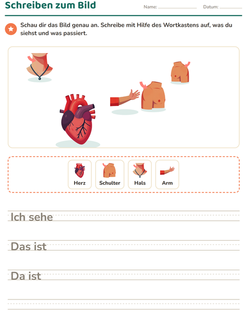 Vorschau: Schreiben zum Bild-Arbeitsblatt mit Körperteile für 2. Klasse