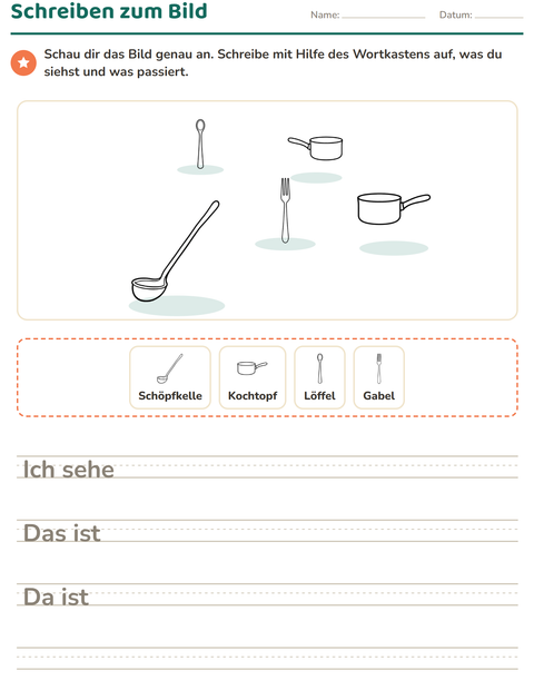 Vorschau: Schreiben zum Bild-Arbeitsblatt mit Küche SW für 2. Klasse