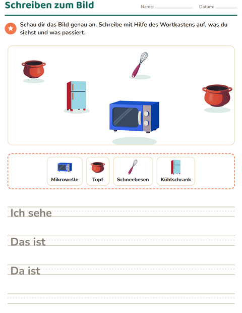 Vorschau: Schreiben zum Bild-Arbeitsblatt mit Küchenwerkzeuge für 2. Klasse