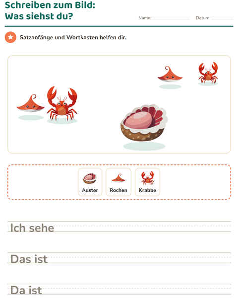 Vorschau: Schreiben zum Bild-Arbeitsblatt mit Meeresleben für 2. Klasse