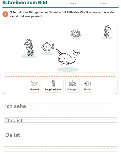 Vorschau: Schreiben zum Bild-Arbeitsblatt mit Meeresleben SW 2 für 2. Klasse