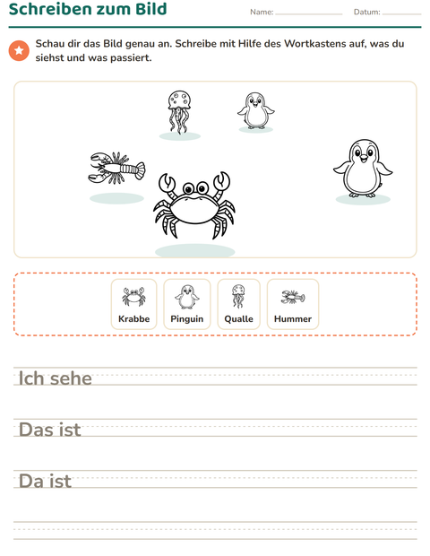 Vorschau: Schreiben zum Bild-Arbeitsblatt mit Meeresleben SW für 2. Klasse