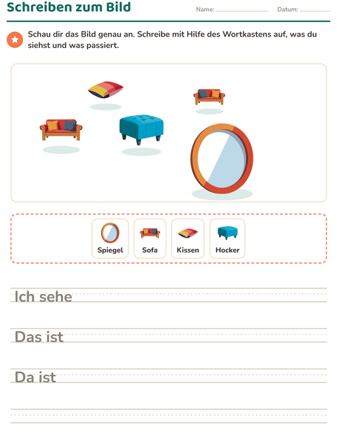Vorschau: Schreiben zum Bild-Arbeitsblatt mit Möbel für 2. Klasse