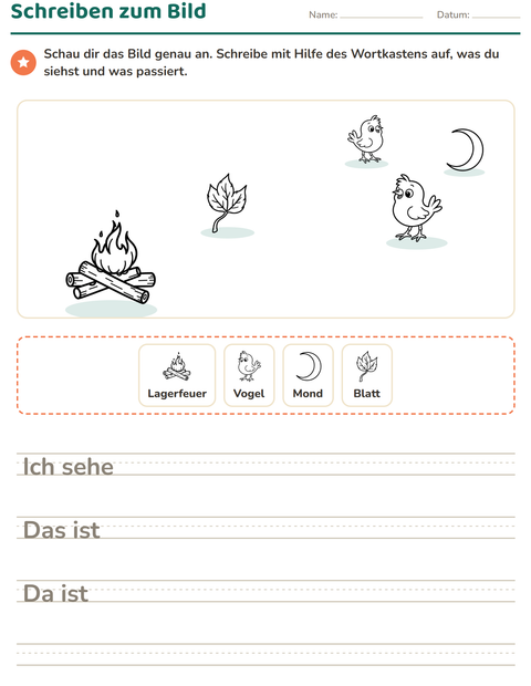 Vorschau: Schreiben zum Bild-Arbeitsblatt mit Natur SW für 2. Klasse