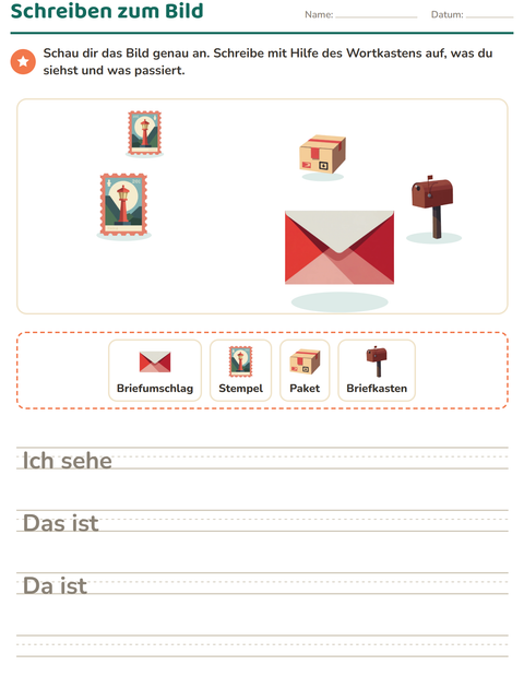 Vorschau: Schreiben zum Bild-Arbeitsblatt mit Postamt für 2. Klasse