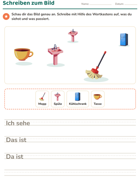 Vorschau: Schreiben zum Bild-Arbeitsblatt mit Rund ums Haus für 2. Klasse