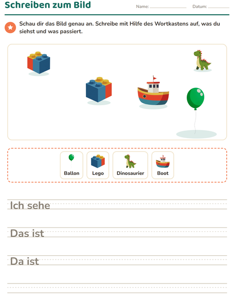 Vorschau: Schreiben zum Bild-Arbeitsblatt mit Spielzeug für 2. Klasse