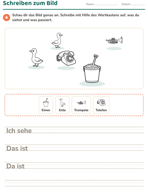 Vorschau: Schreiben zum Bild-Arbeitsblatt mit Spielzeug SW 2 für 2. Klasse