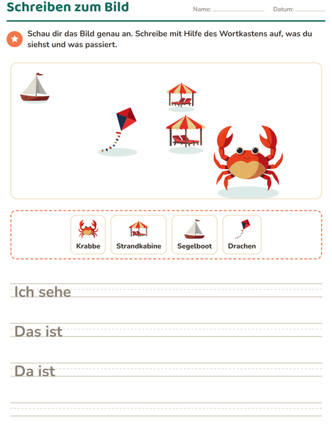 Vorschau: Schreiben zum Bild-Arbeitsblatt mit Strand für 2. Klasse