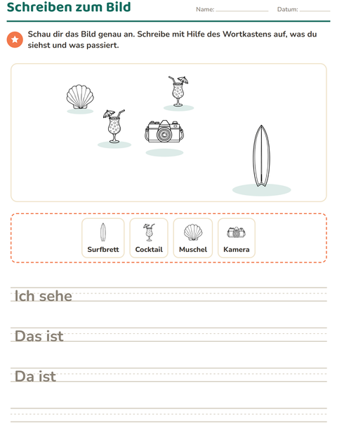 Vorschau: Schreiben zum Bild-Arbeitsblatt mit Strand SW 2 für 2. Klasse