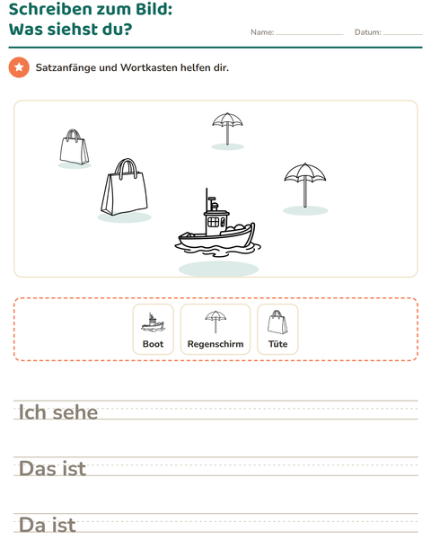 Vorschau: Schreiben zum Bild-Arbeitsblatt mit Strand SW 2 für 2. Klasse