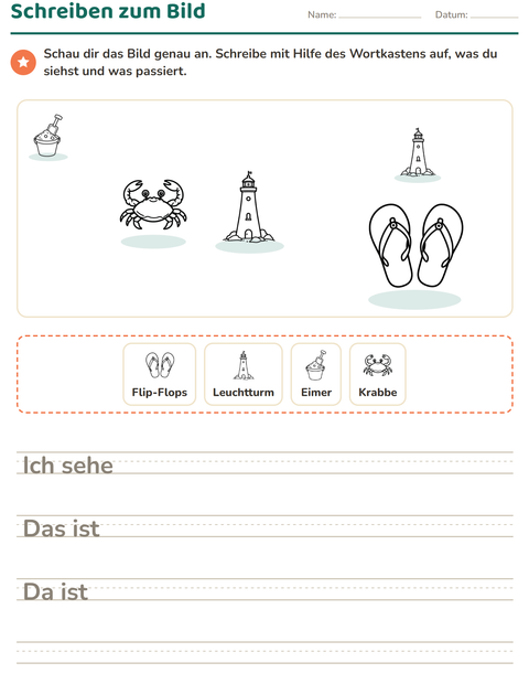 Vorschau: Schreiben zum Bild-Arbeitsblatt mit Strand SW für 2. Klasse