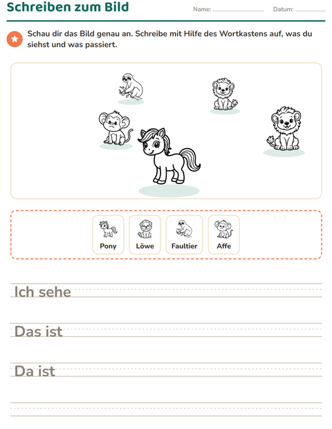 Vorschau: Schreiben zum Bild-Arbeitsblatt mit Tiere SW 2 für 2. Klasse
