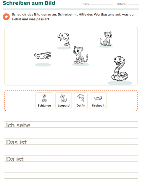 Vorschau: Schreiben zum Bild-Arbeitsblatt mit Tiere SW 5 für 2. Klasse