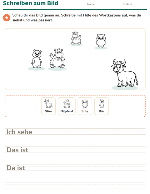 Vorschau: Schreiben zum Bild-Arbeitsblatt mit Tiere SW für 2. Klasse