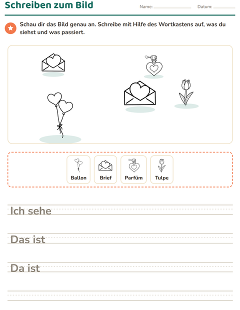 Vorschau: Schreiben zum Bild-Arbeitsblatt mit Valentinstag SW 2 für 2. Klasse