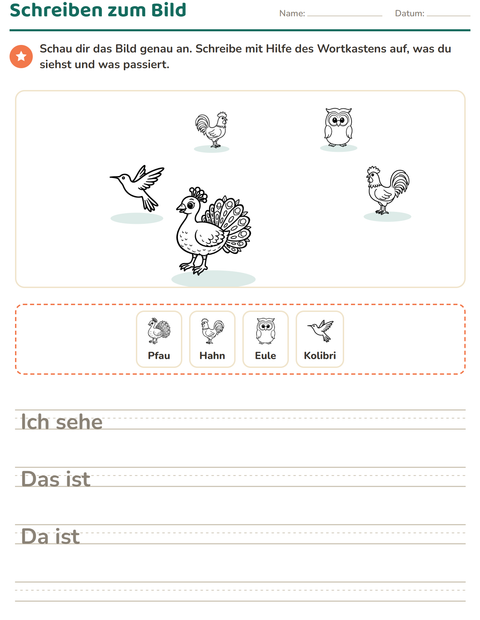 Vorschau: Schreiben zum Bild-Arbeitsblatt mit Vögel SW 2 für 2. Klasse