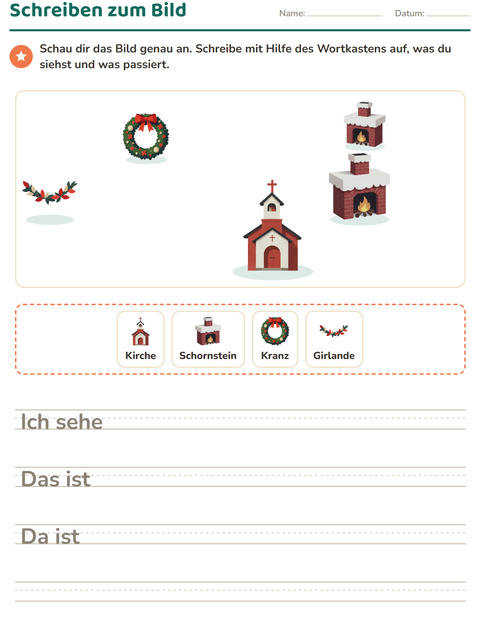 Vorschau: Schreiben zum Bild-Arbeitsblatt mit Weihnachten für 2. Klasse