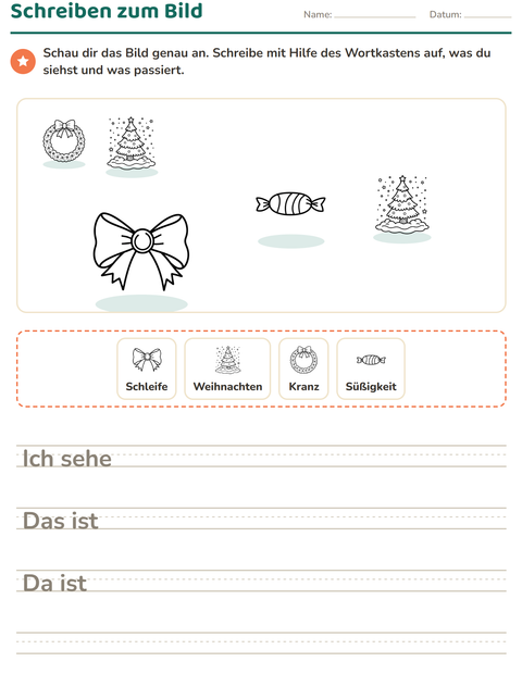 Vorschau: Schreiben zum Bild-Arbeitsblatt mit Weihnachten S/W für 2. Klasse