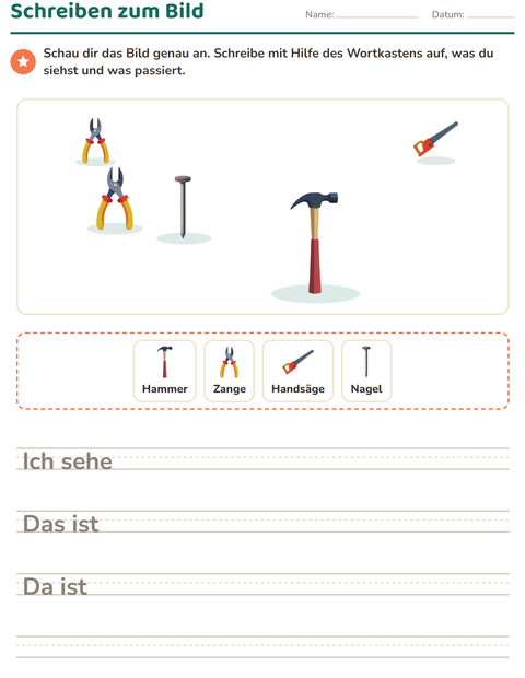 Vorschau: Schreiben zum Bild-Arbeitsblatt mit Werkzeuge für 2. Klasse