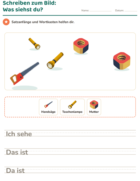 Vorschau: Schreiben zum Bild-Arbeitsblatt mit Werkzeuge für 2. Klasse