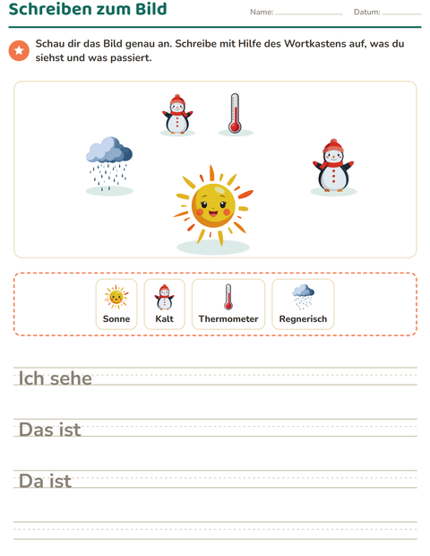 Vorschau: Schreiben zum Bild-Arbeitsblatt mit Wetter für 2. Klasse