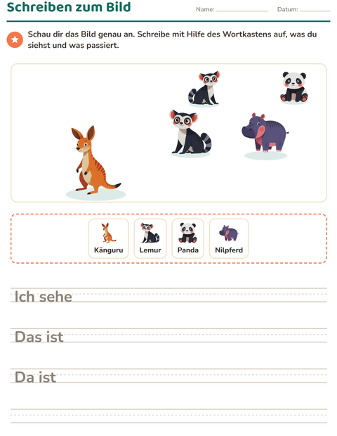 Vorschau: Schreiben zum Bild-Arbeitsblatt mit Zootiere für 2. Klasse