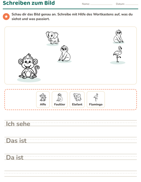 Vorschau: Schreiben zum Bild-Arbeitsblatt mit Zootiere SW für 2. Klasse