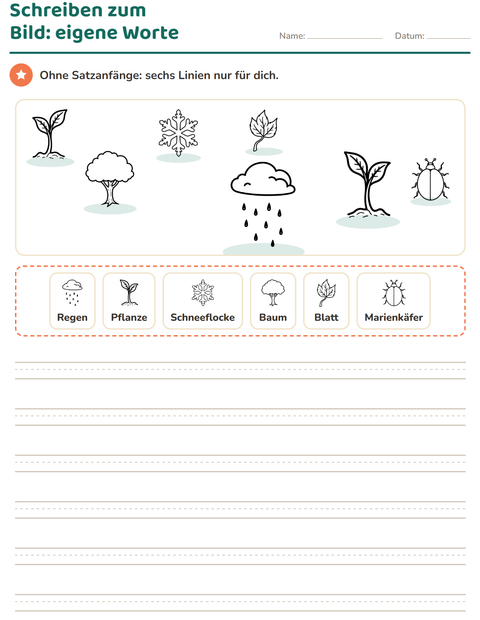 Vorschau: Schreiben zum Bild-Arbeitsblatt mit Natur SW für 2. Klasse