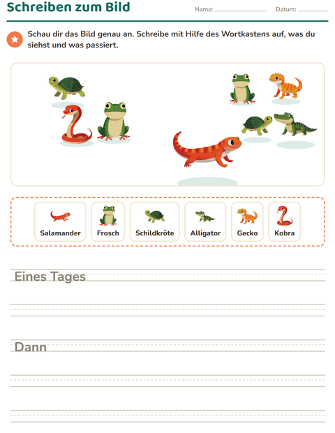 Vorschau: Schreiben zum Bild-Arbeitsblatt mit Reptilien und Amphibien für 2. Klasse
