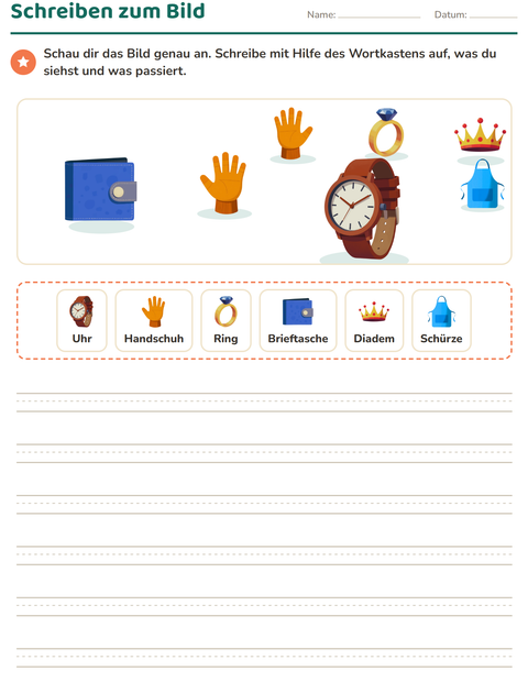 Vorschau: Schreiben zum Bild-Arbeitsblatt mit Accessoires für 2. Klasse
