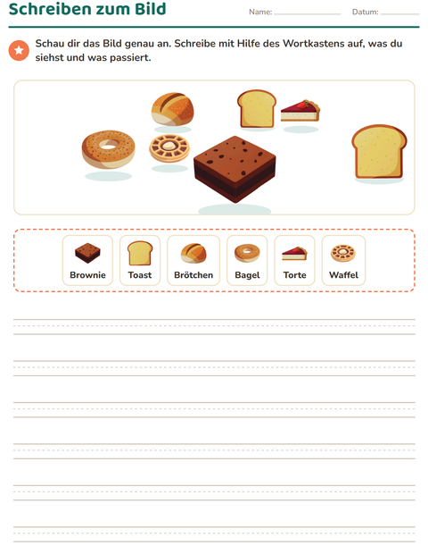 Vorschau: Schreiben zum Bild-Arbeitsblatt mit Bäckerei für 2. Klasse