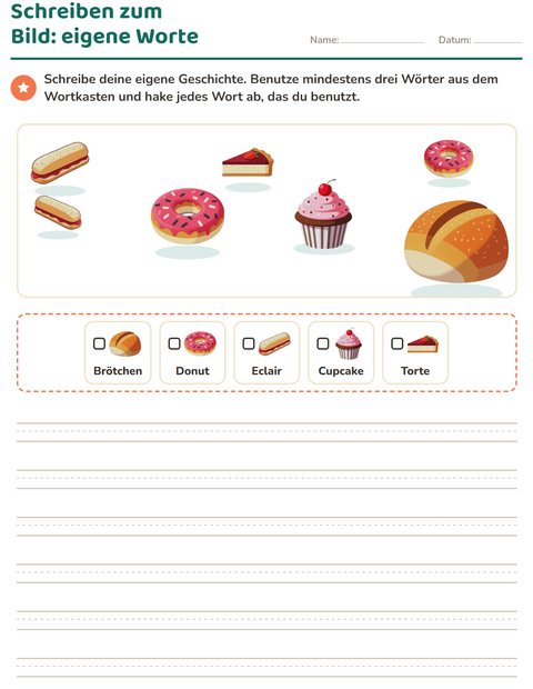 Vorschau: Schreiben zum Bild-Arbeitsblatt mit Bäckerei für 2. Klasse