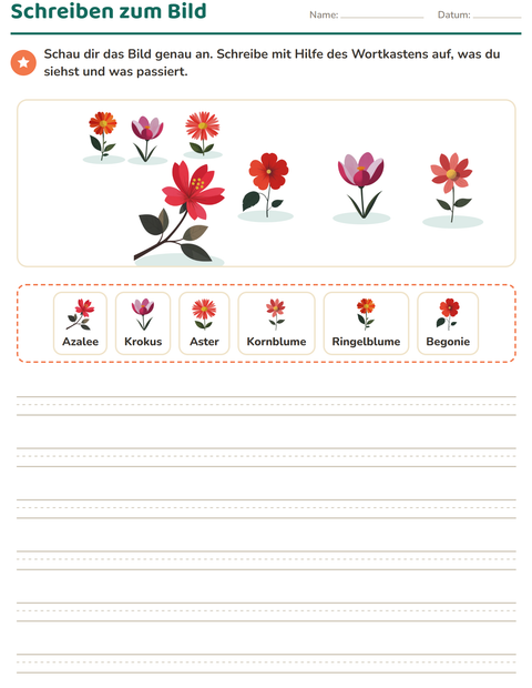 Vorschau: Schreiben zum Bild-Arbeitsblatt mit Blumen für 2. Klasse