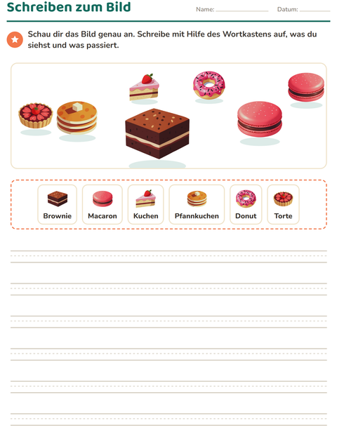 Vorschau: Schreiben zum Bild-Arbeitsblatt mit Desserts und Süßigkeiten für 2. Klasse
