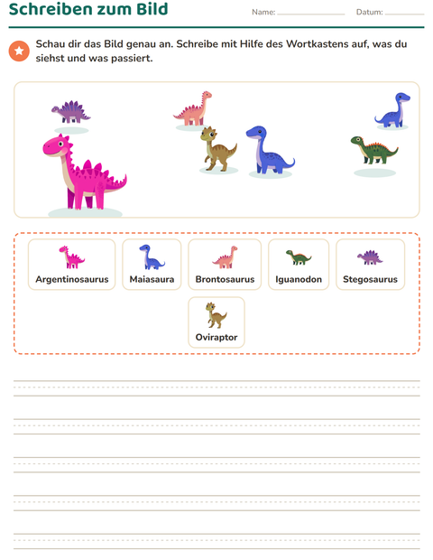 Vorschau: Schreiben zum Bild-Arbeitsblatt mit Dinosaurier für 2. Klasse