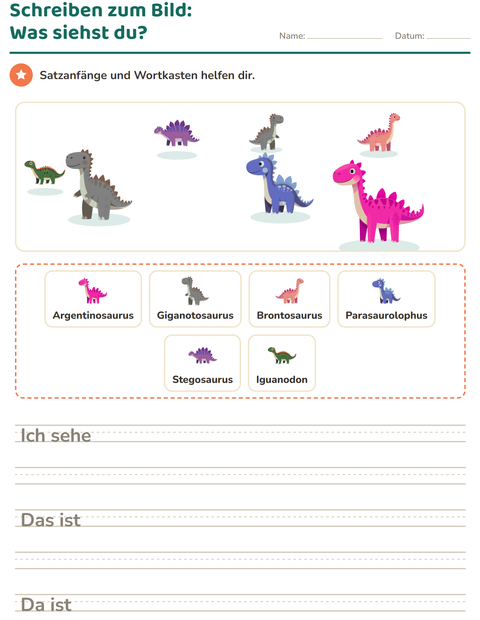 Vorschau: Schreiben zum Bild-Arbeitsblatt mit Dinosaurier für 2. Klasse