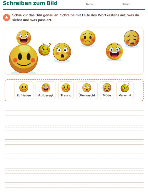 Vorschau: Schreiben zum Bild-Arbeitsblatt mit Emotionen für 2. Klasse