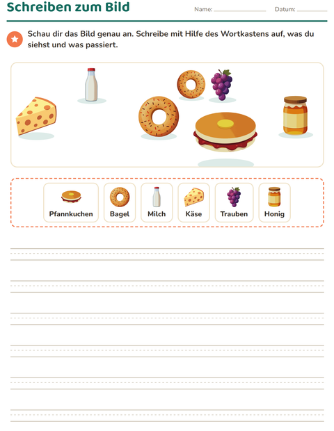 Vorschau: Schreiben zum Bild-Arbeitsblatt mit Frühstück für 2. Klasse