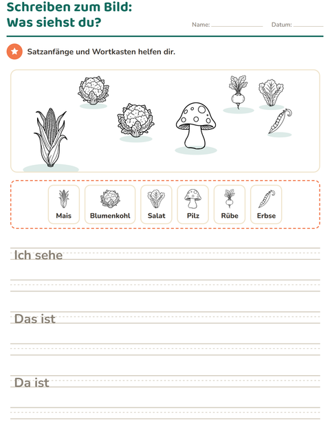 Vorschau: Schreiben zum Bild-Arbeitsblatt mit Gemüse SW 2 für 2. Klasse