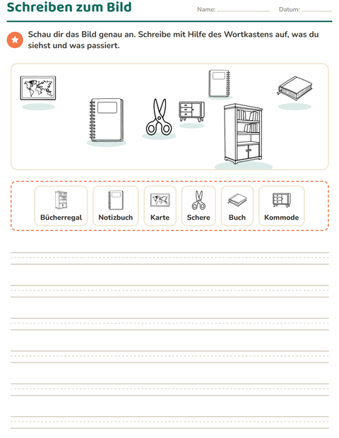 Vorschau: Schreiben zum Bild-Arbeitsblatt mit Klassenzimmer 2 (S/W) für 2. Klasse