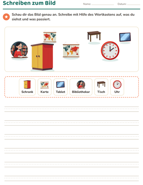 Vorschau: Schreiben zum Bild-Arbeitsblatt mit Klassenzimmer für 2. Klasse