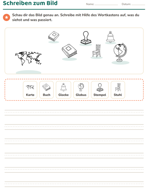 Vorschau: Schreiben zum Bild-Arbeitsblatt mit Klassenzimmer (S/W) für 2. Klasse