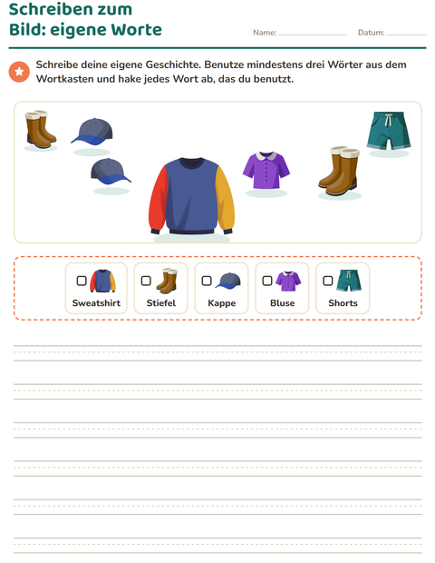Vorschau: Schreiben zum Bild-Arbeitsblatt mit Kleidung für 2. Klasse