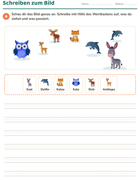 Vorschau: Schreiben zum Bild-Arbeitsblatt mit Tiere für 2. Klasse