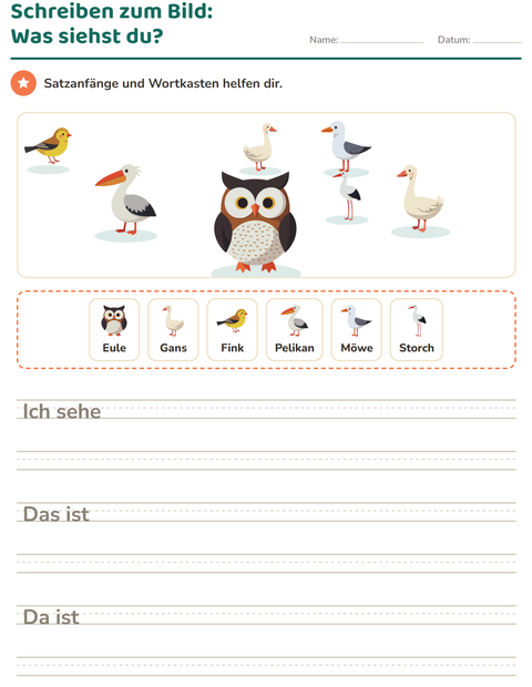 Vorschau: Schreiben zum Bild-Arbeitsblatt mit Vögel 2 für 2. Klasse