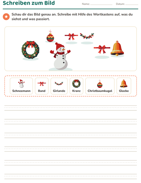 Vorschau: Schreiben zum Bild-Arbeitsblatt mit Weihnachten für 2. Klasse