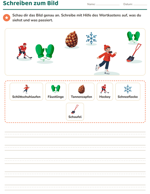 Vorschau: Schreiben zum Bild-Arbeitsblatt mit Winter für 2. Klasse