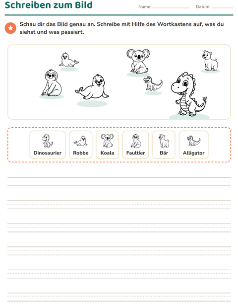 Vorschau: Schreiben zum Bild-Arbeitsblatt mit Zootiere SW für 2. Klasse